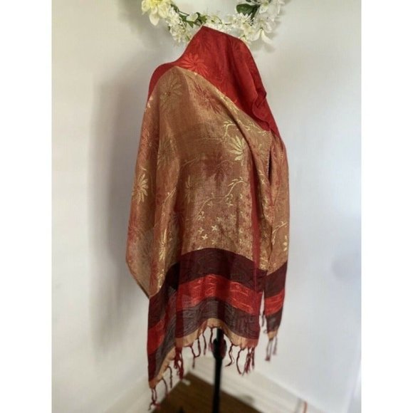 Vintage Shiny Scarf Shawl with Fringe Woman's Red Gold Rectangular Scarf 60"X24" - Picture 10 of 10